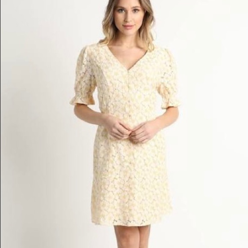 Skies are Blue Puffed Sleeve Lace A-Line Pale Yellow Midi Dress Style 9672ODL